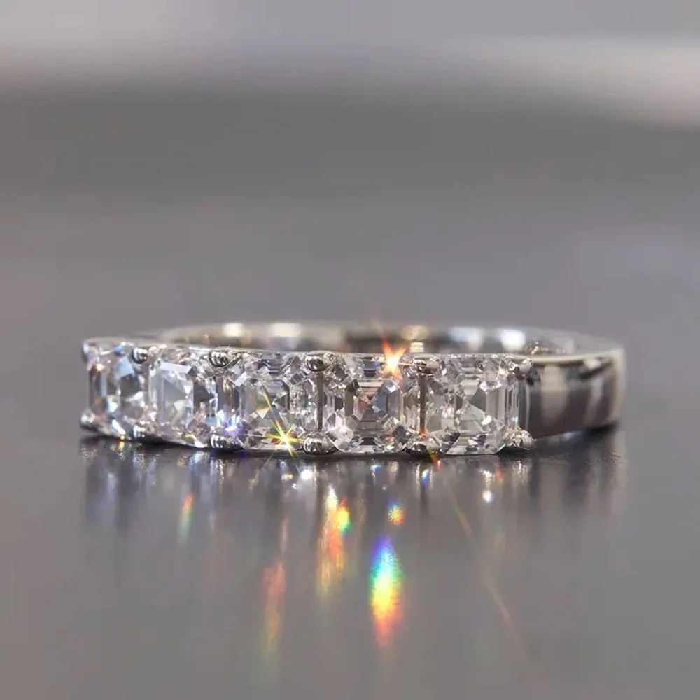 VVS1 Asscher Cut Lab Dia Prong Half Eternity 925 Silver Wedding Band Ring
